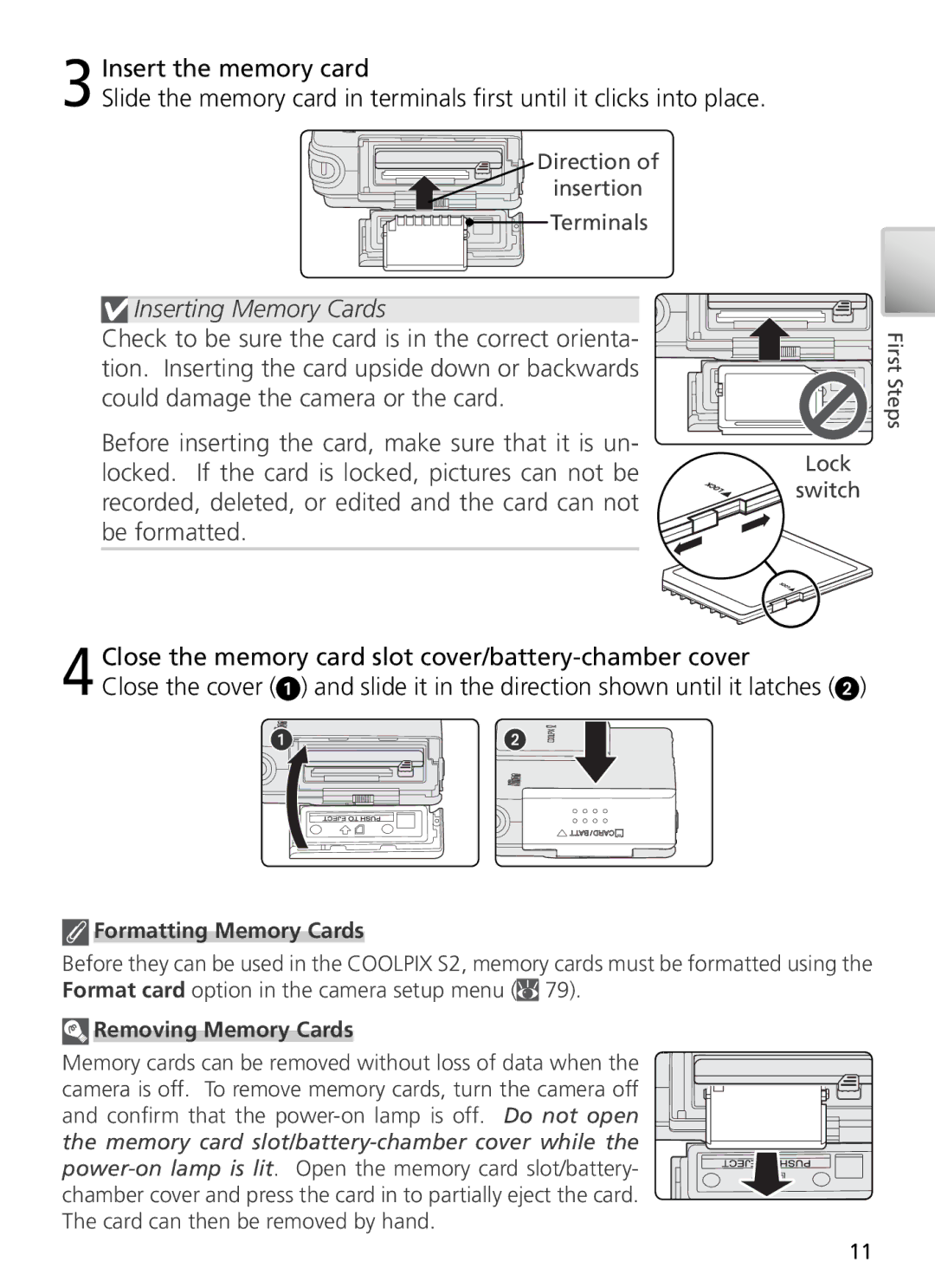 Nikon 27698, 27706, 27697, 27699, 27696 manual Insert the memory card, Formatting Memory Cards, Removing Memory Cards 