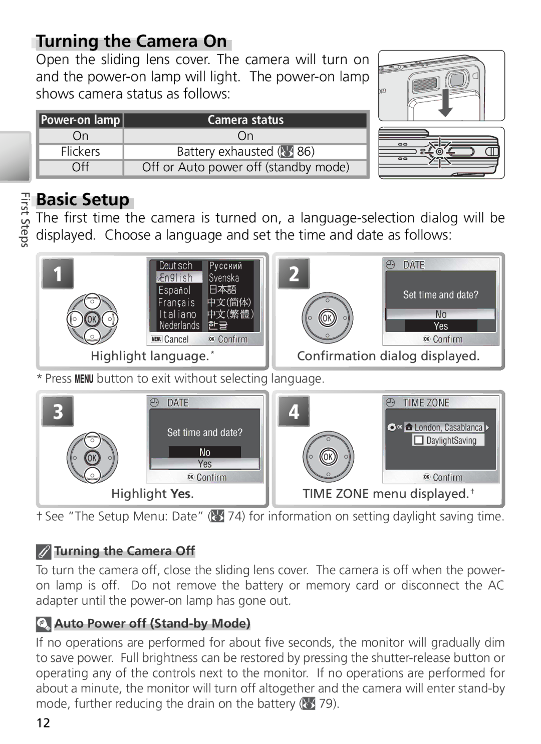 Nikon 27697 Turning the Camera On, Basic Setup, Battery exhausted, Turning the Camera Off, Auto Power off Stand-by Mode 