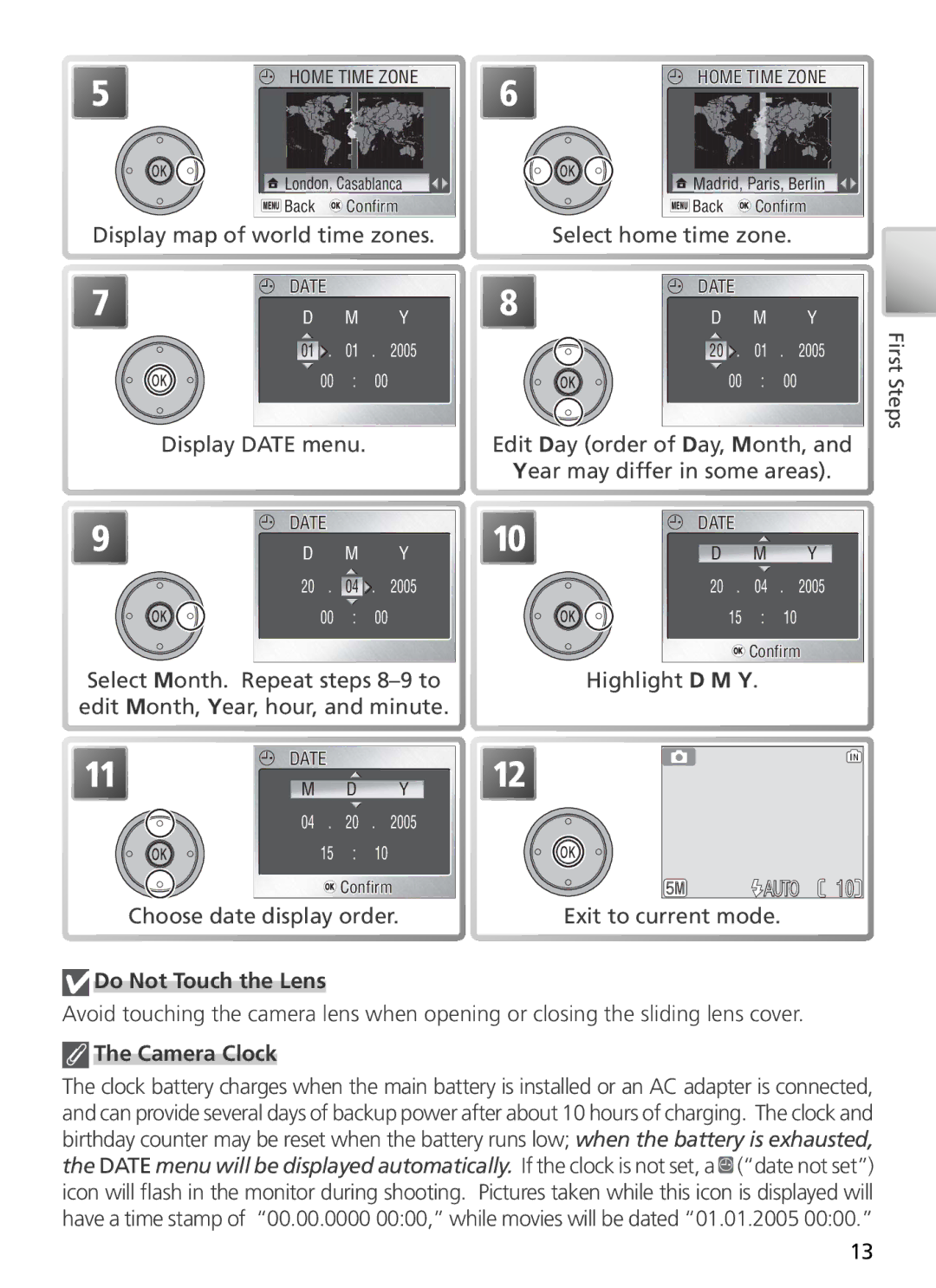 Nikon 27699, 27706, 27698, 27697, 27696 manual Do Not Touch the Lens, Camera Clock 