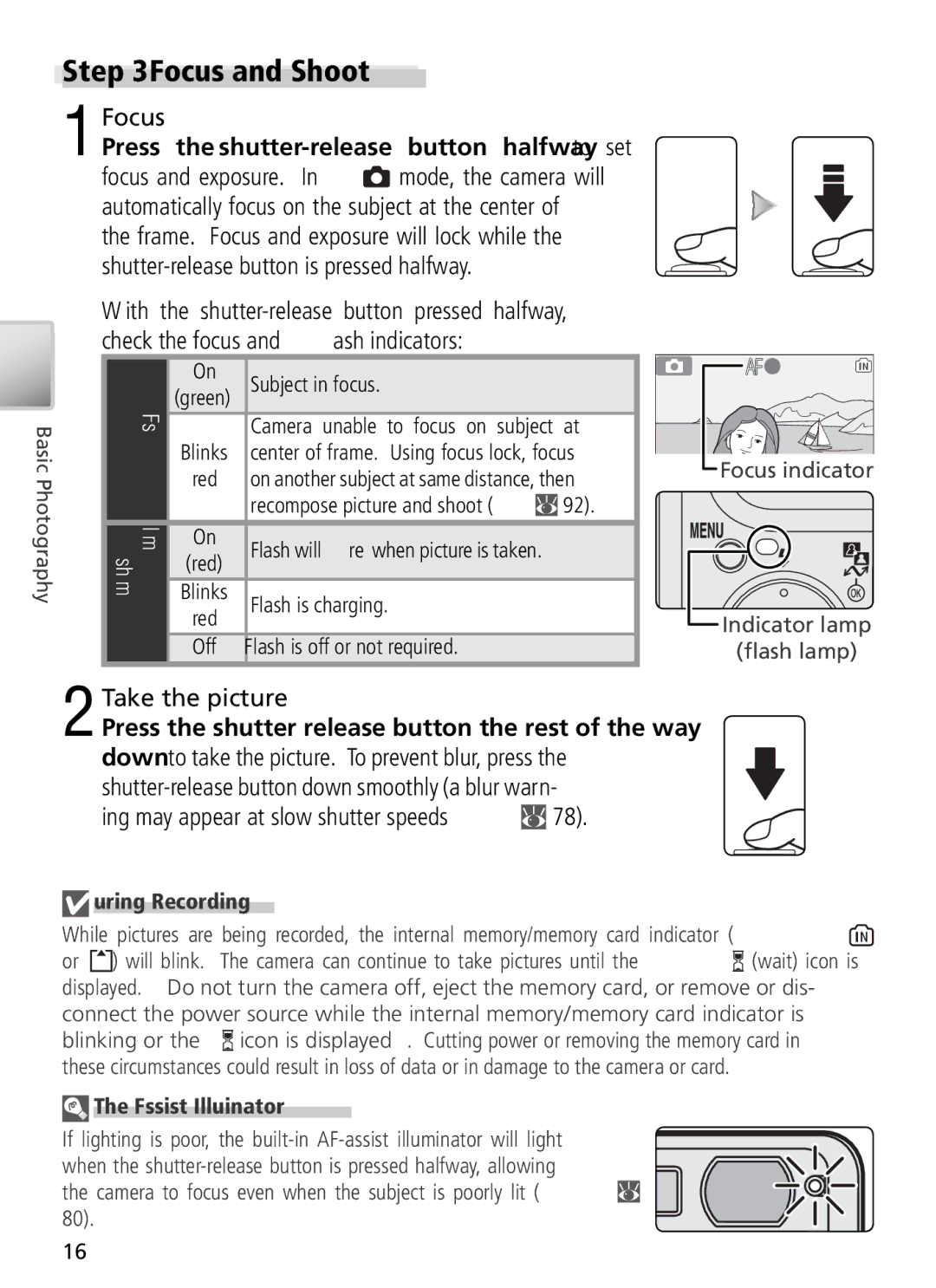 Nikon 27698, 27706, 27697, 27699, 27696 manual Focus and Shoot, Take the picture, During Recording, AF-Assist Illuminator 