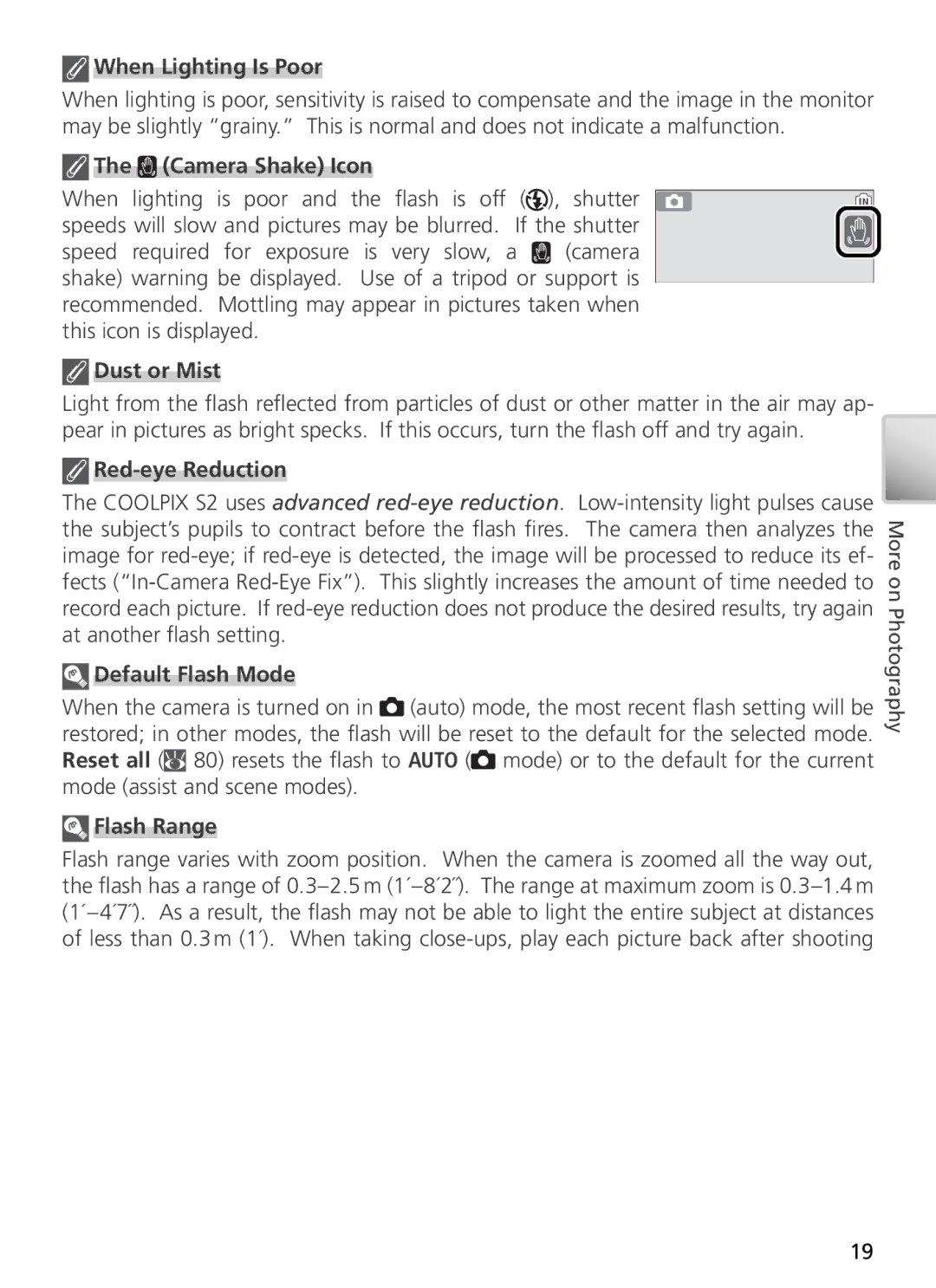 Nikon 27696 When Lighting Is Poor, Camera Shake Icon, Dust or Mist, Red-eye Reduction, Default Flash Mode, Flash Range 