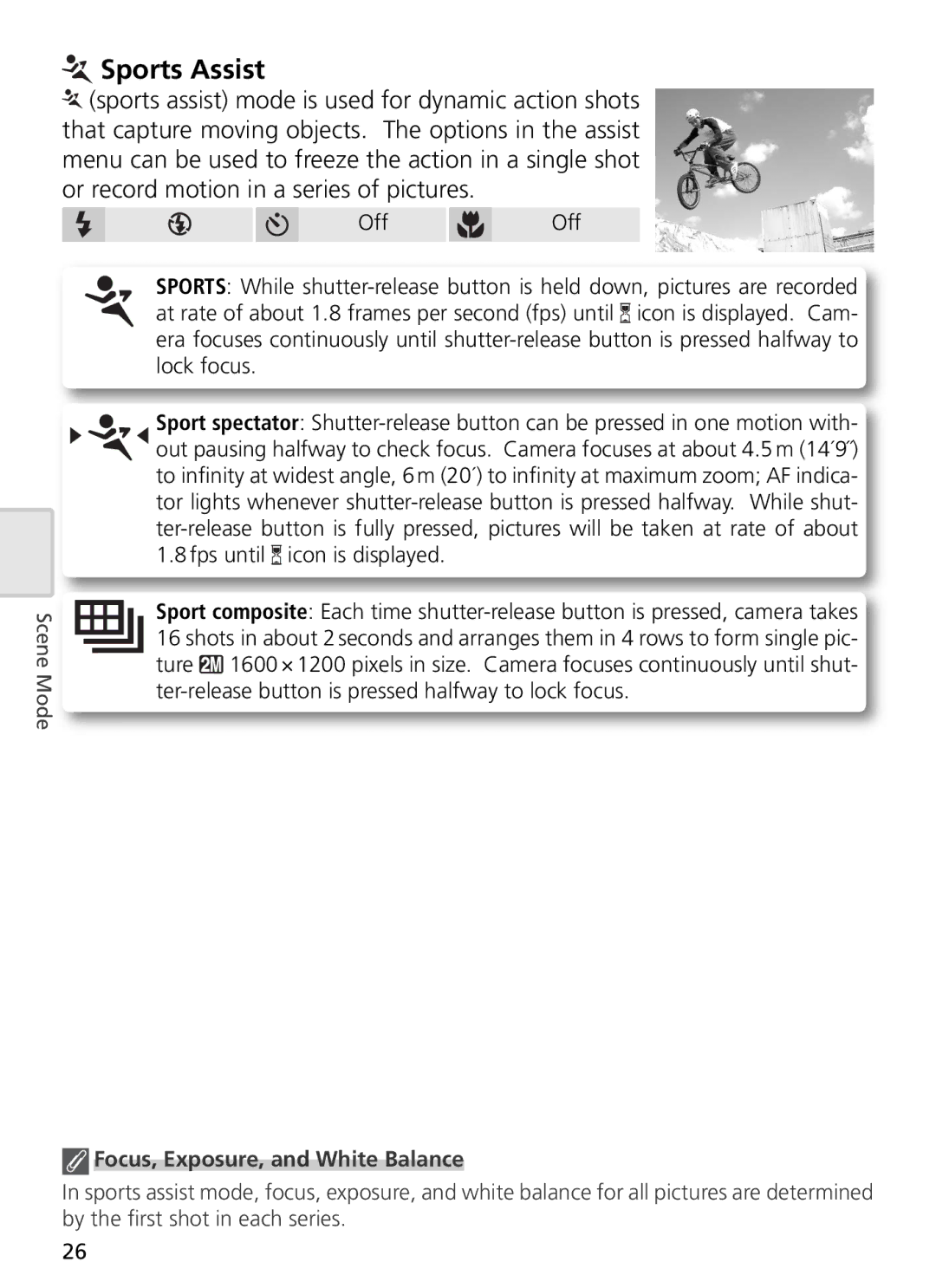 Nikon 27698, 27706, 27697, 27699, 27696 manual Sports Assist, Focus, Exposure, and White Balance 