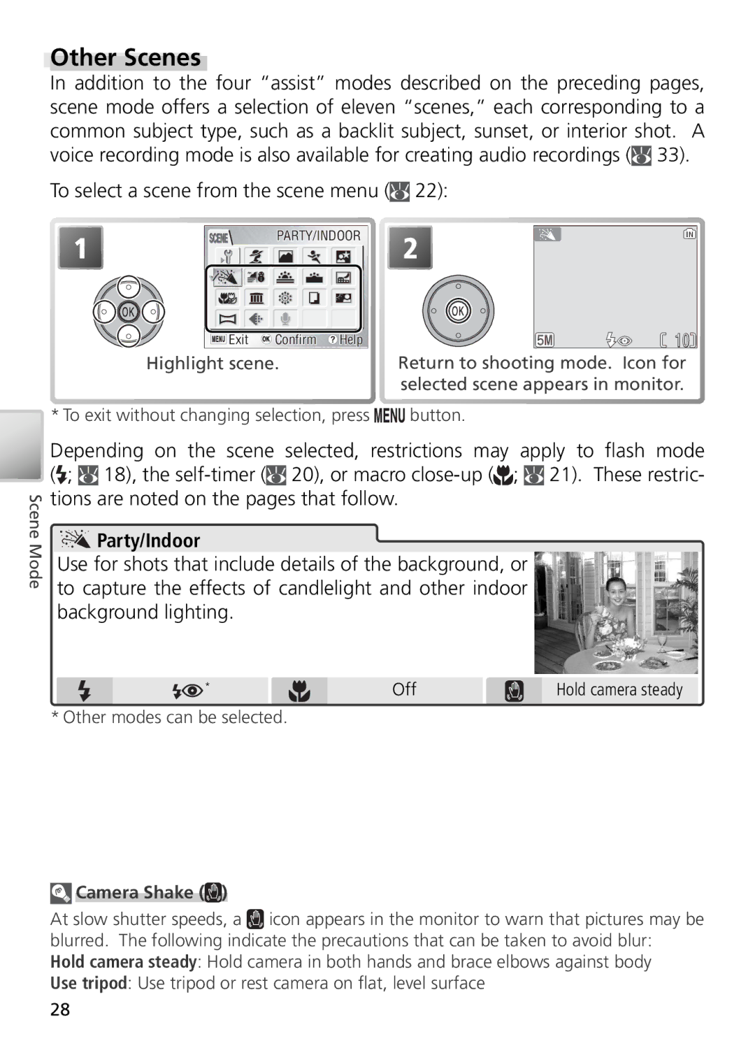 Nikon 27699, 27706, 27698, 27697 Other Scenes, To select a scene from the scene menu, 20, or macro close-up, Camera Shake 