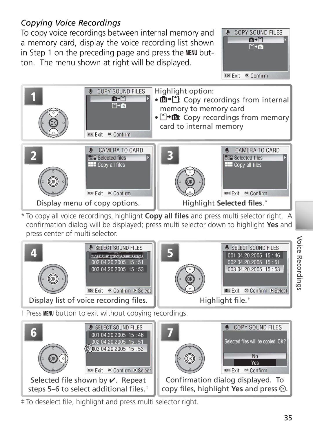 Nikon 27706, 27698, 27697, 27699, 27696 manual Copying Voice Recordings, Highlight Selected ﬁles 