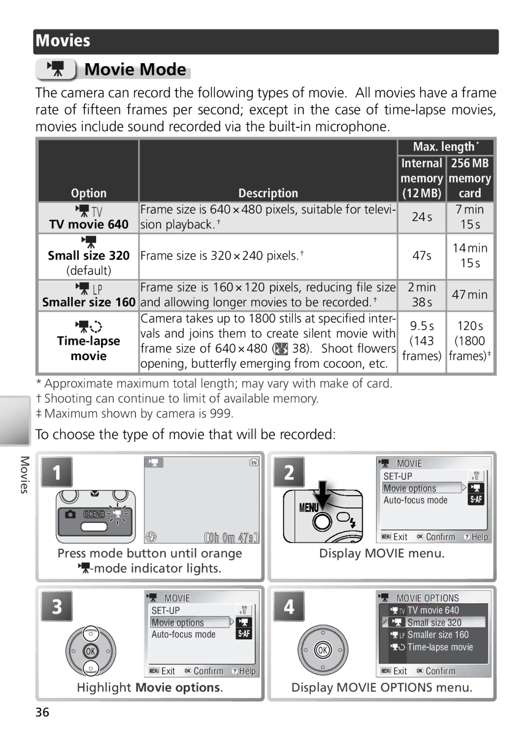 Nikon 27698, 27706, 27697, 27699, 27696 manual Movies, Movie Mode, To choose the type of movie that will be recorded 