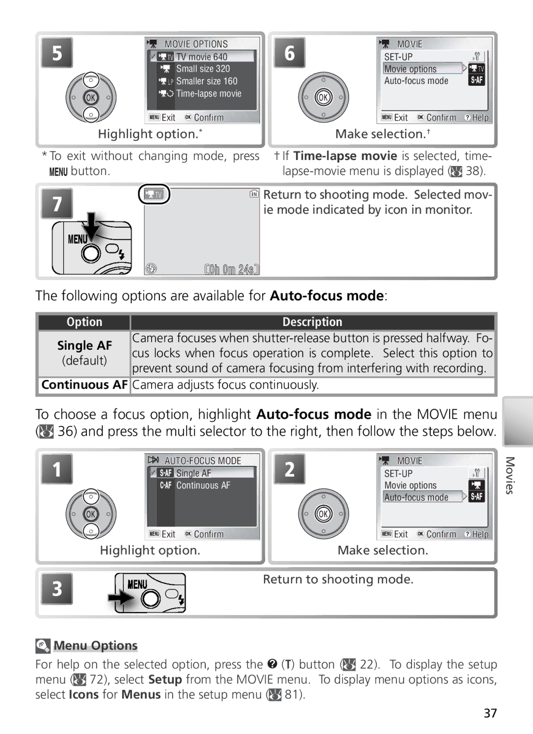 Nikon 27697, 27706, 27698, 27699 Following options are available for Auto-focus mode, Single AF, Default, Menu Options 