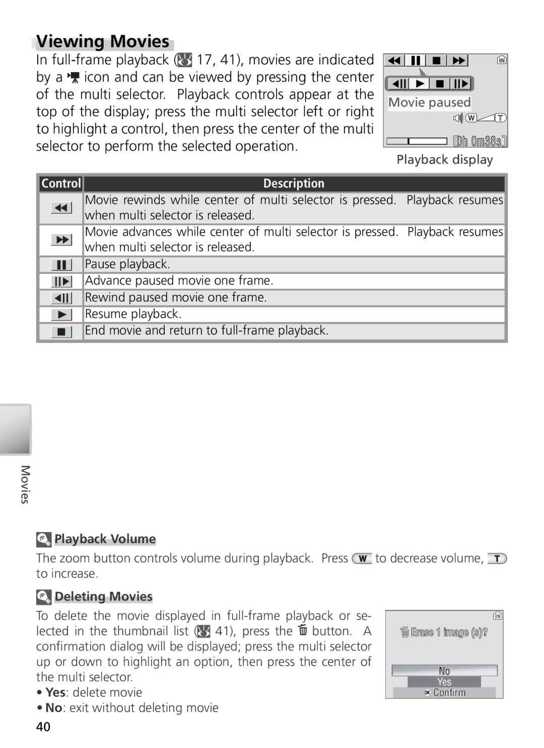 Nikon 27706, 27698, 27697, 27699, 27696 manual Viewing Movies, Control, Playback Volume, Deleting Movies 