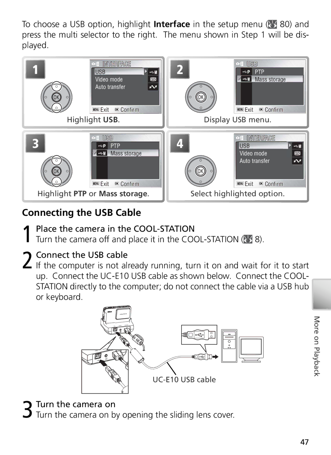 Nikon 27697, 27706, 27698, 27699, 27696 manual Connecting the USB Cable, Highlight PTP or Mass storage 