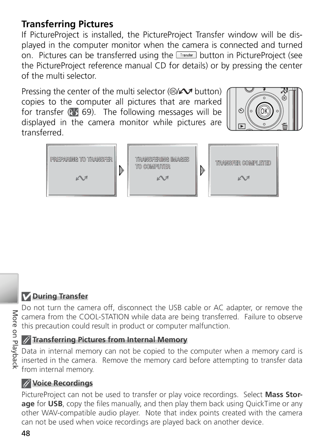 Nikon 27699, 27706, 27698, 27697, 27696 manual During Transfer, Transferring Pictures from Internal Memory 