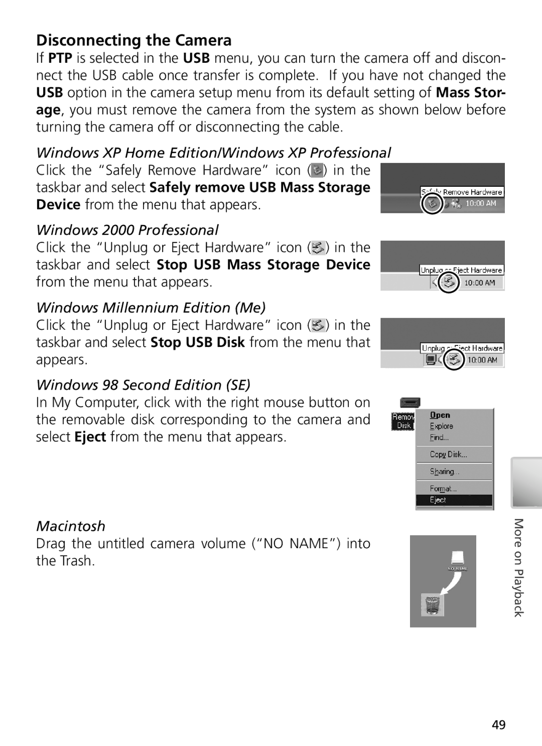 Nikon 27696, 27706, 27698 Disconnecting the Camera, Windows Millennium Edition Me, Windows 98 Second Edition SE, Macintosh 