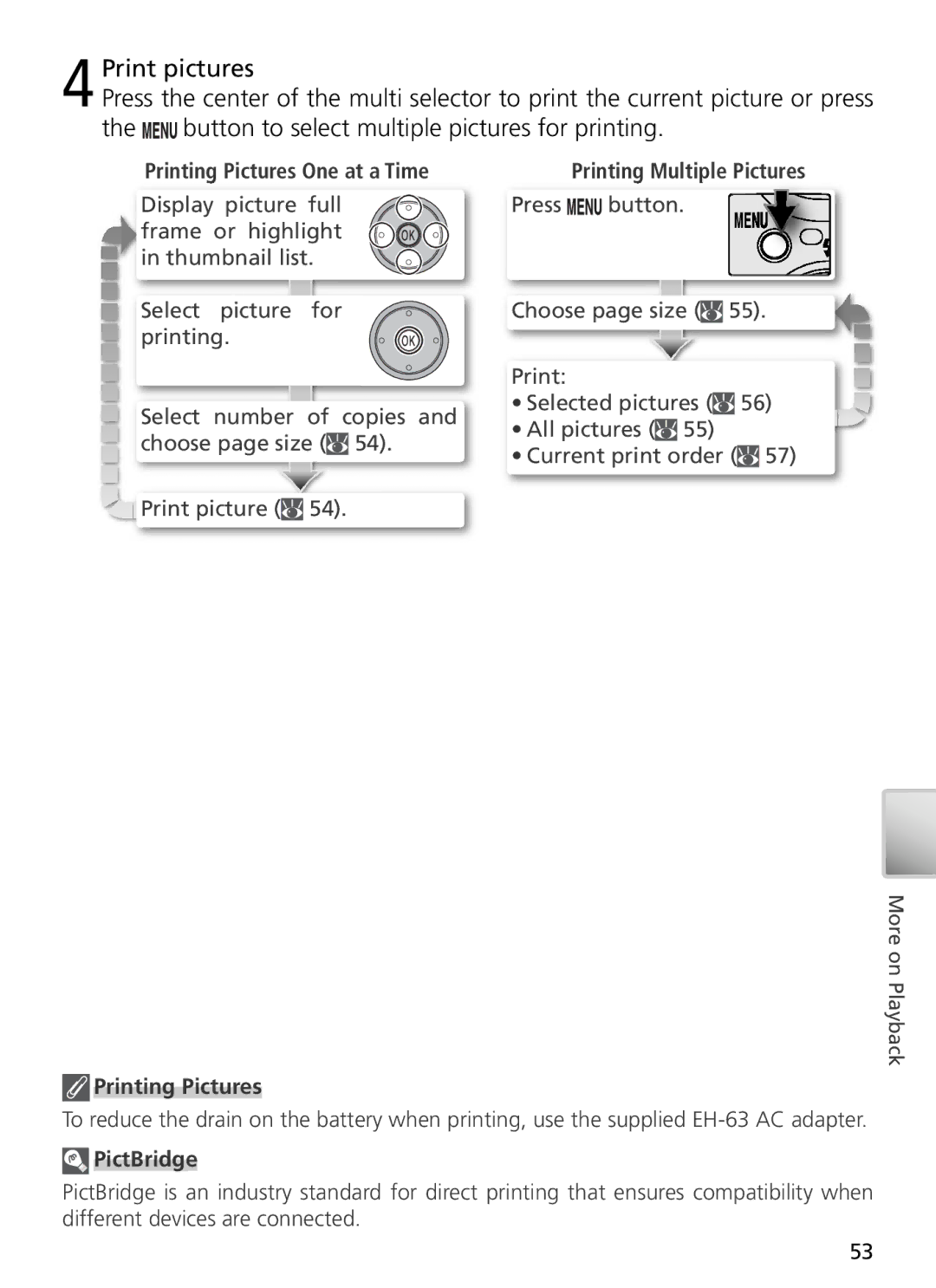 Nikon 27699, 27706, 27698, 27697, 27696 manual Printing Pictures One at a Time, Printing Multiple Pictures, PictBridge 