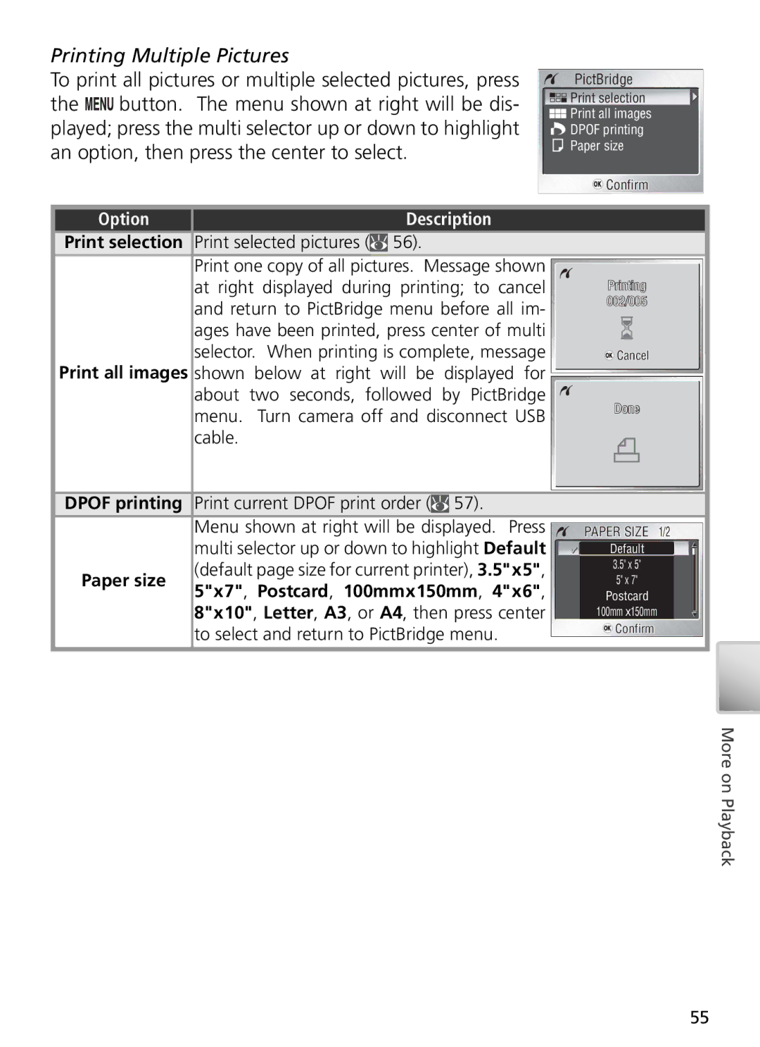 Nikon 27706, 27698, 27697, 27699, 27696 manual Printing Multiple Pictures, Dpof printing, 5x7, Postcard, 100mmx150mm 