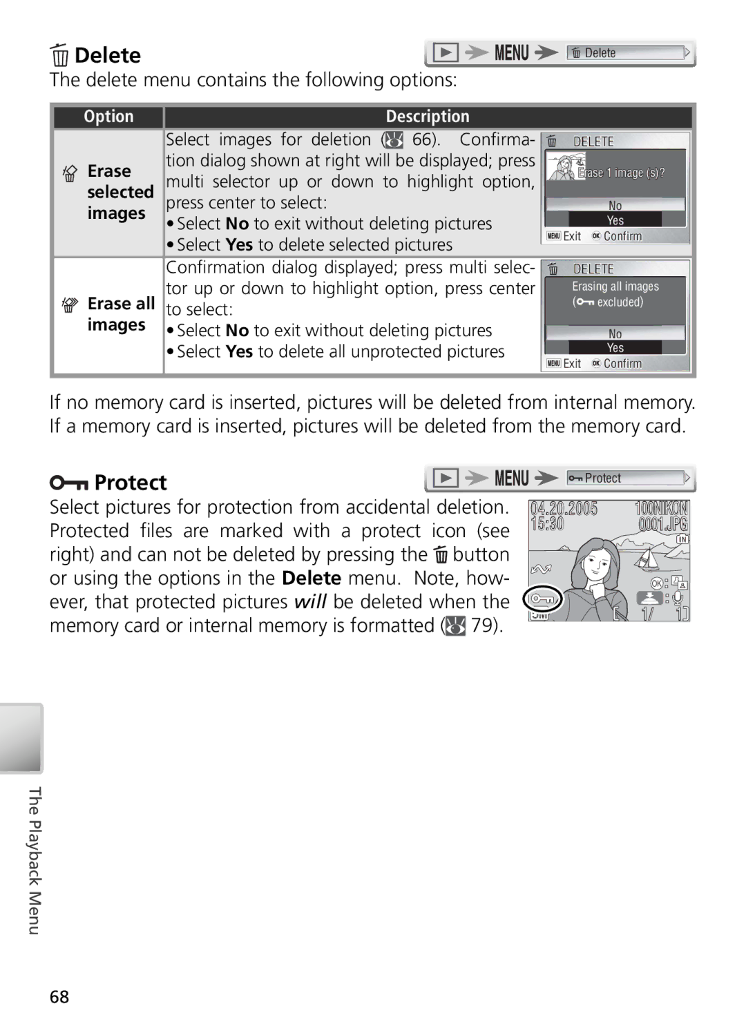 Nikon 27699, 27706, 27698, 27697, 27696 manual Protect, Delete menu contains the following options 