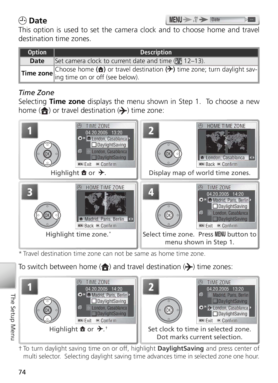 Nikon 27696, 27706, 27698, 27697, 27699 manual Date, Time Zone, To switch between home and travel destination time zones 