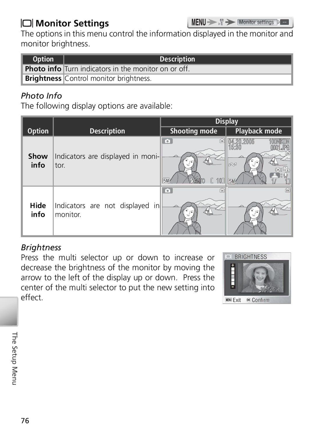 Nikon 27698 Monitor Settings, Brightness, Turn indicators in the monitor on or off, Control monitor brightness, Display 