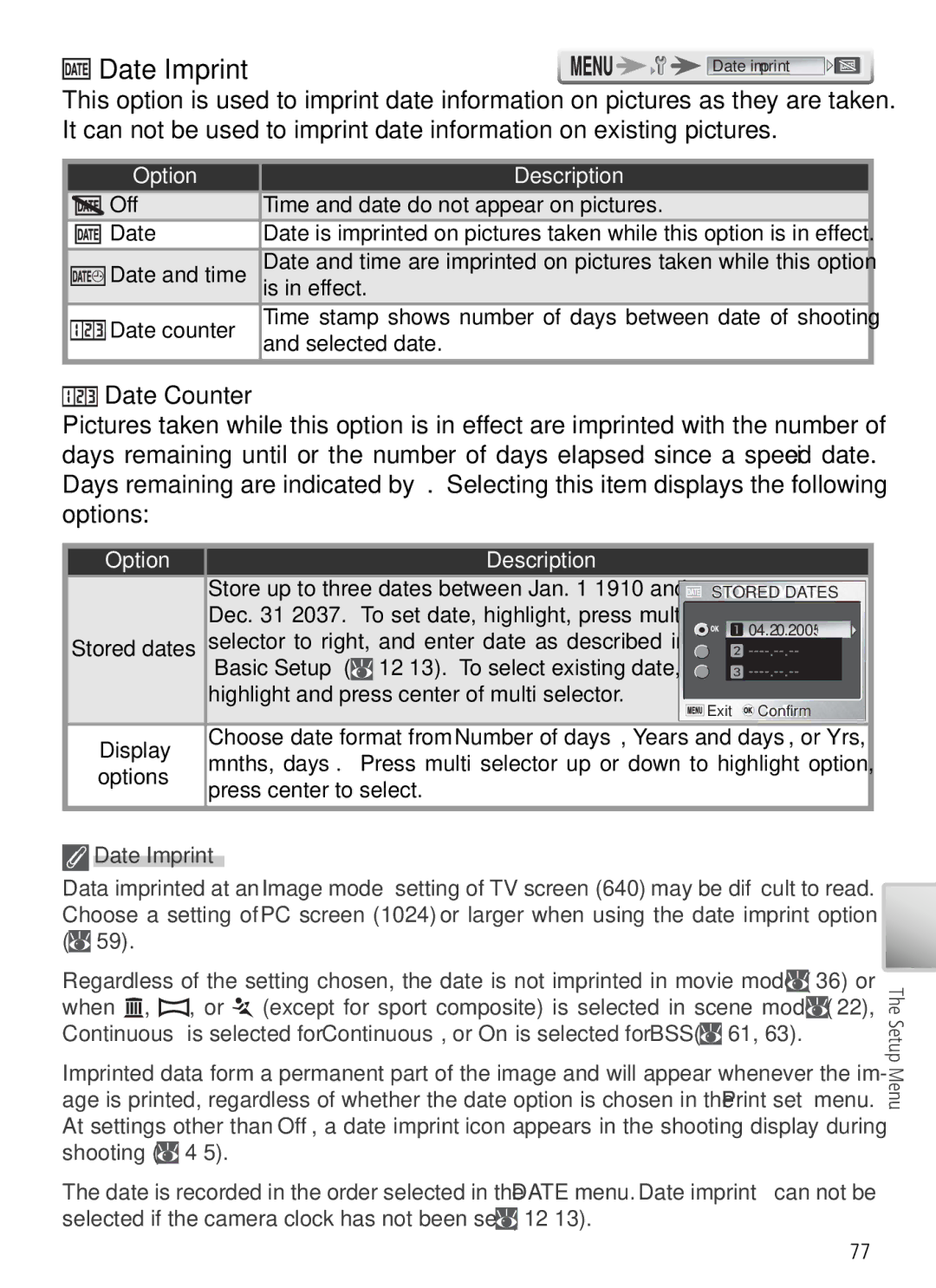Nikon 27697, 27706, 27698, 27699, 27696 manual Date Imprint, Date Counter 