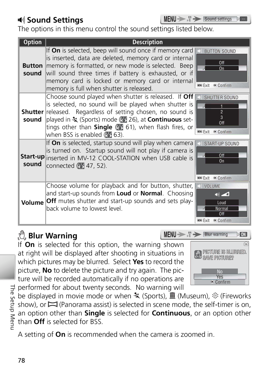 Nikon 27699, 27706, 27698, 27697 Sound Settings, Blur Warning, Which pictures may be blurred. Select Yes to record, Button 