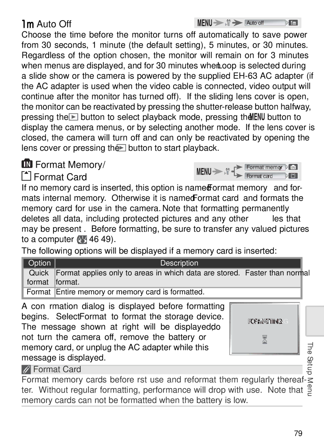 Nikon 27696, 27706, 27698, 27697, 27699 manual Auto Off, Format Memory, Format Card, Entire memory or memory card is formatted 