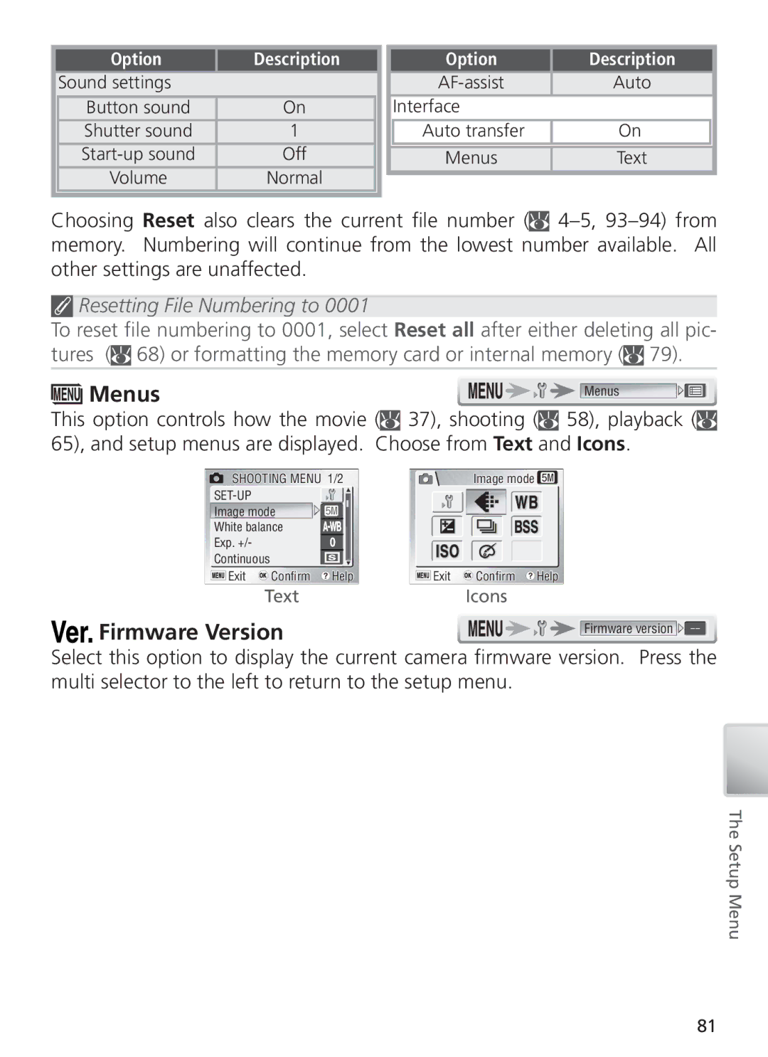 Nikon 27698, 27706, 27697, 27699, 27696 manual Menus, Firmware Version 