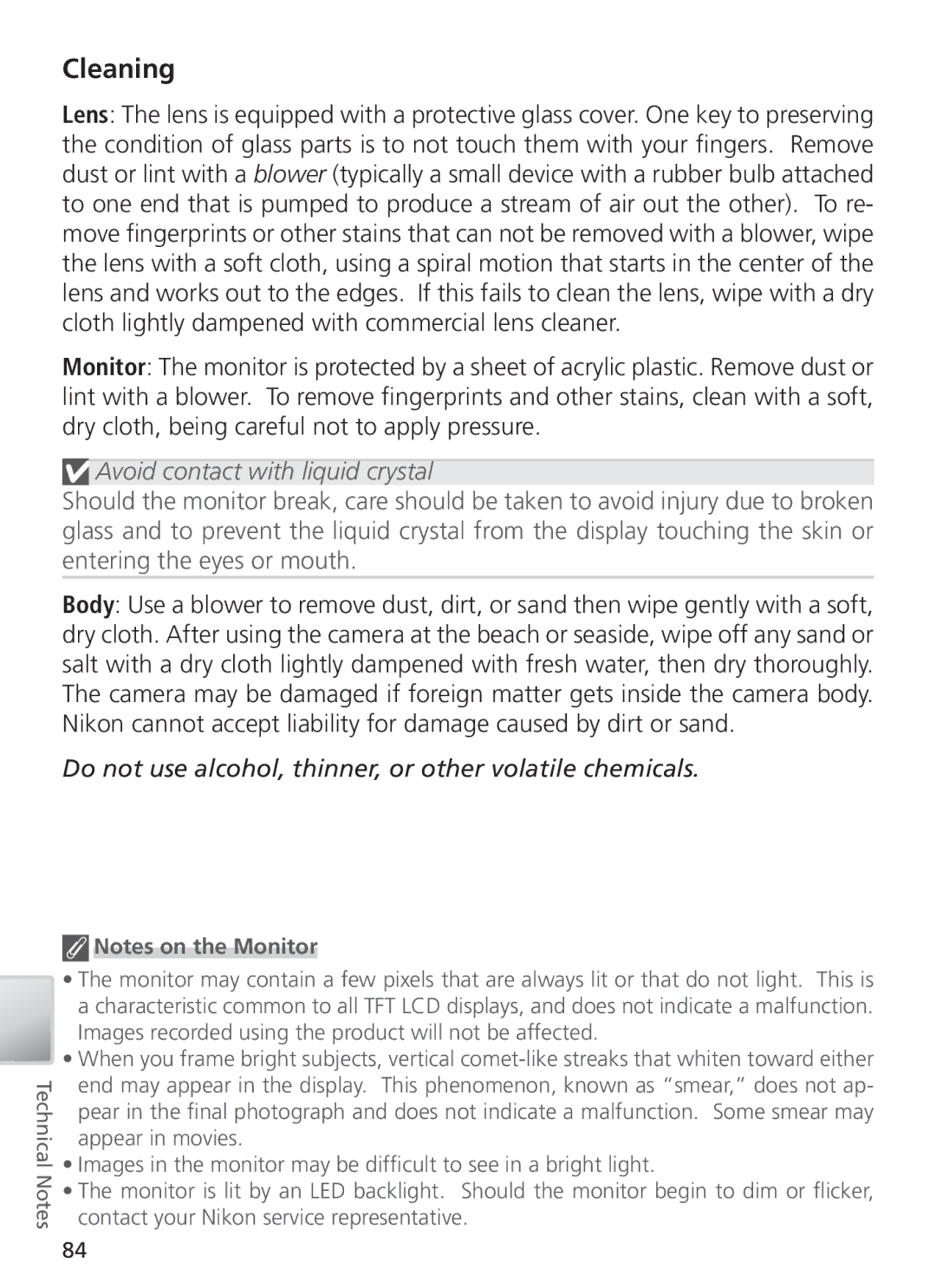 Nikon 27696, 27706, 27698, 27697, 27699 manual Cleaning, Avoid contact with liquid crystal 