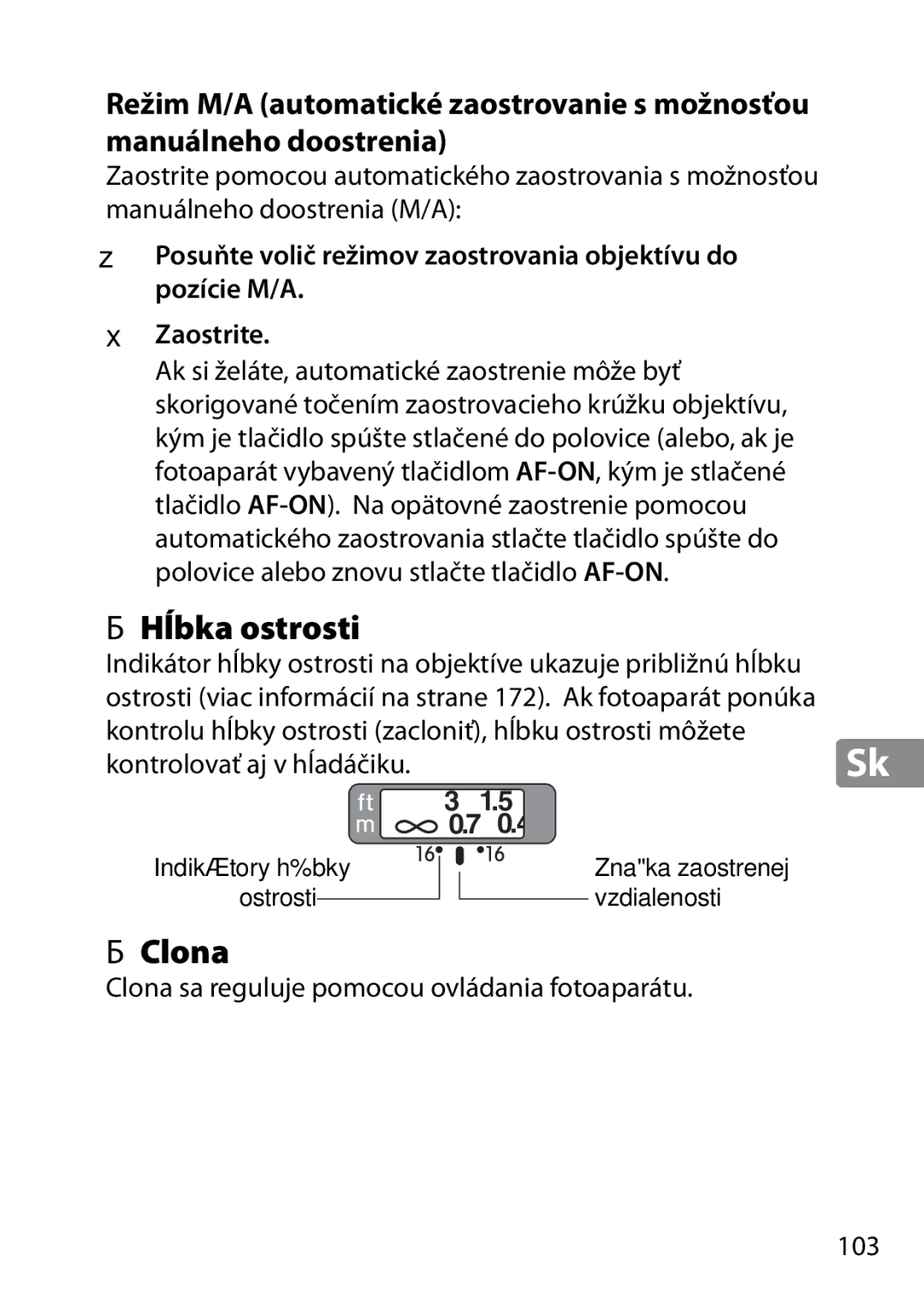 Nikon 2203, 28mmf18G, 28mm f/1.8G user manual Hĺbka ostrosti, Clona sa reguluje pomocou ovládania fotoaparátu 103 