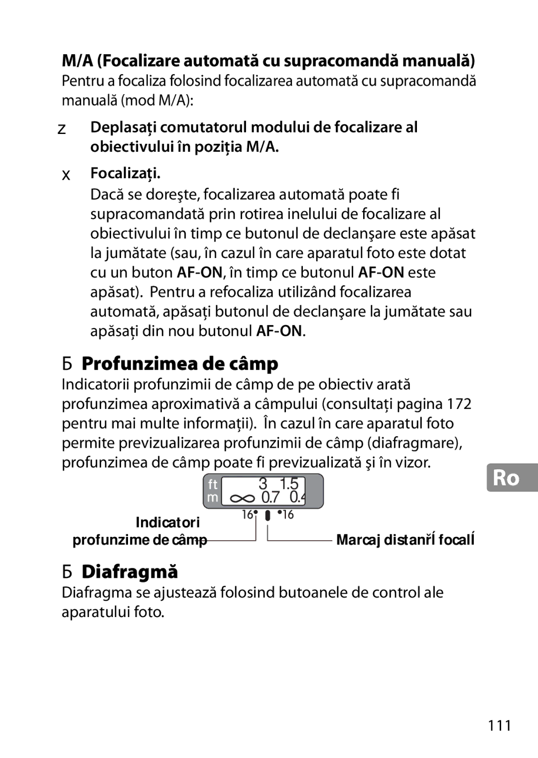 Nikon 28mmf18G, 2203, 28mm f/1.8G user manual Profunzimea de câmp, Diafragmă, Focalizare automată cu supracomandă manuală 