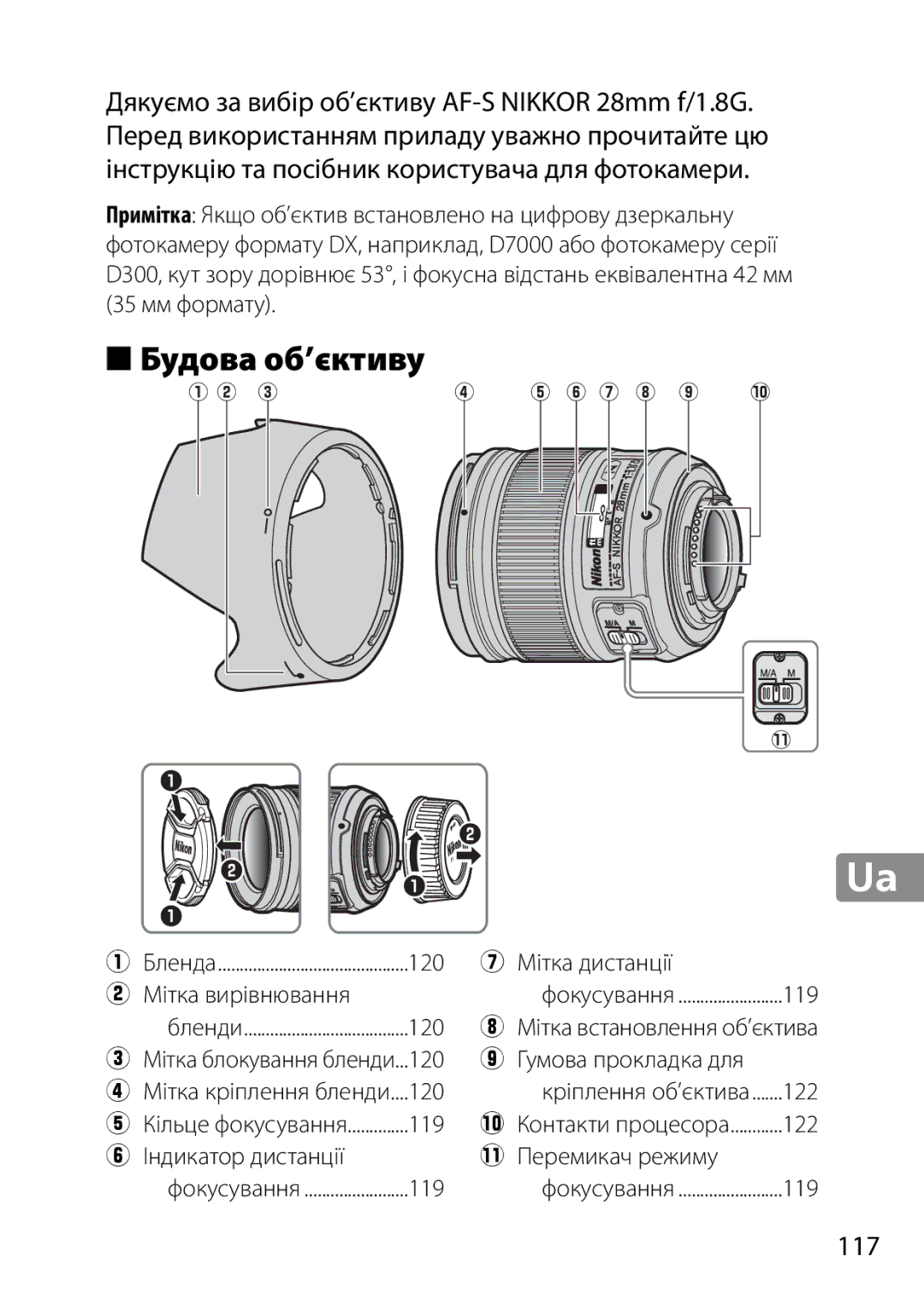 Nikon 28mmf18G, 2203, 28mm f/1.8G user manual Будова об’єктиву, 117 