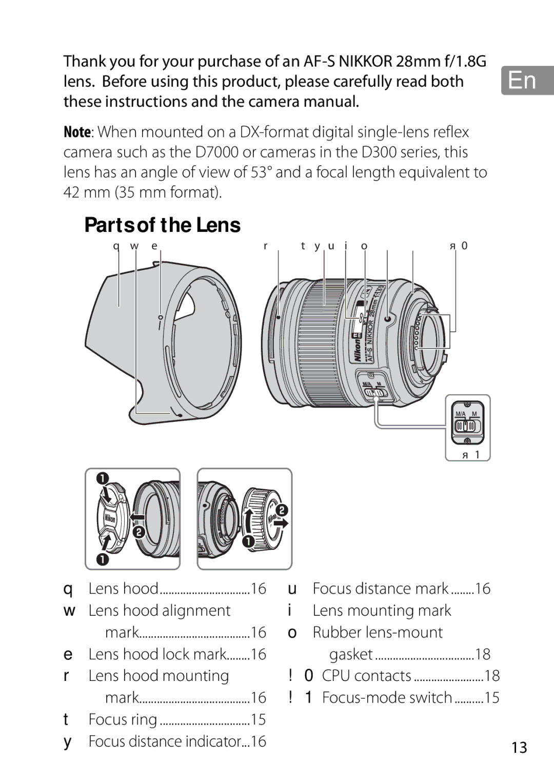 Nikon 2203, 28mmf18G Parts of the Lens, Lens hood alignment Lens mounting mark, Rubber lens-mount, Lens hood mounting 