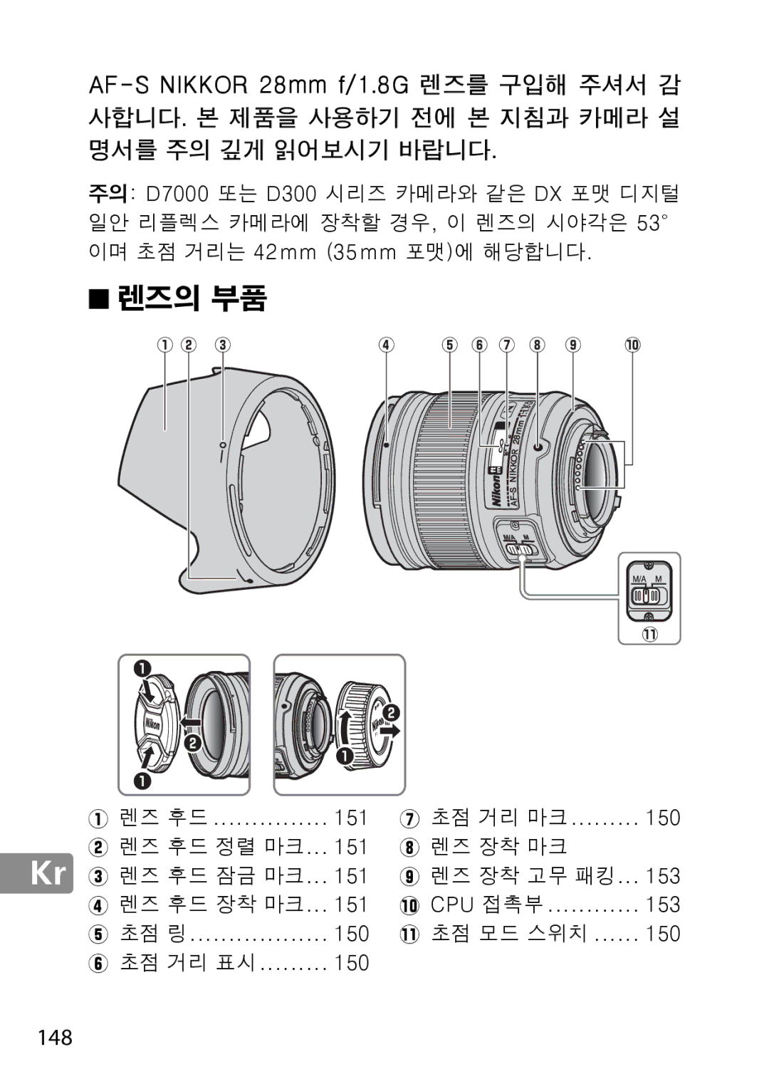 Nikon 2203, 28mmf18G, 28mm f/1.8G user manual 렌즈의 부품, 148 