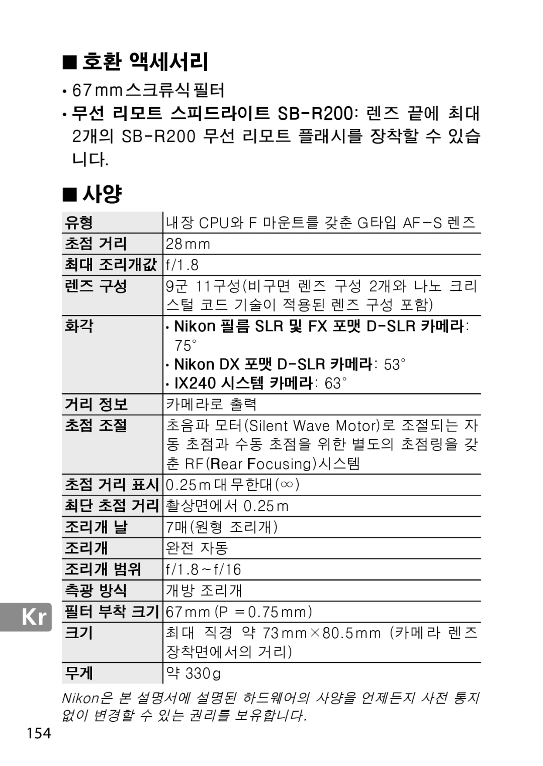 Nikon 2203, 28mmf18G, 28mm f/1.8G user manual 호환 액세서리, 154, 내장 Cpu와 F 마운트를 갖춘 G타입 Af-S렌즈 