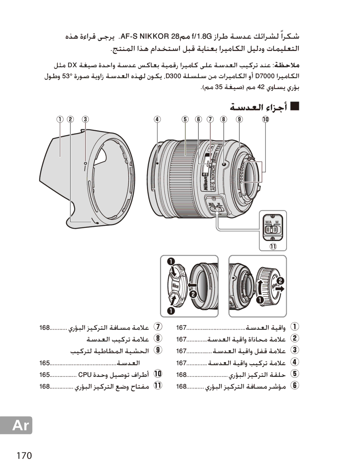 Nikon 28mm f/1.8G, 28mmf18G, 2203 user manual جتنملا اذه مادختسا لبق ةيانعب اريماكلا ليلدو تاميلعتلا, ةسدعلا ءازجأ, 170 