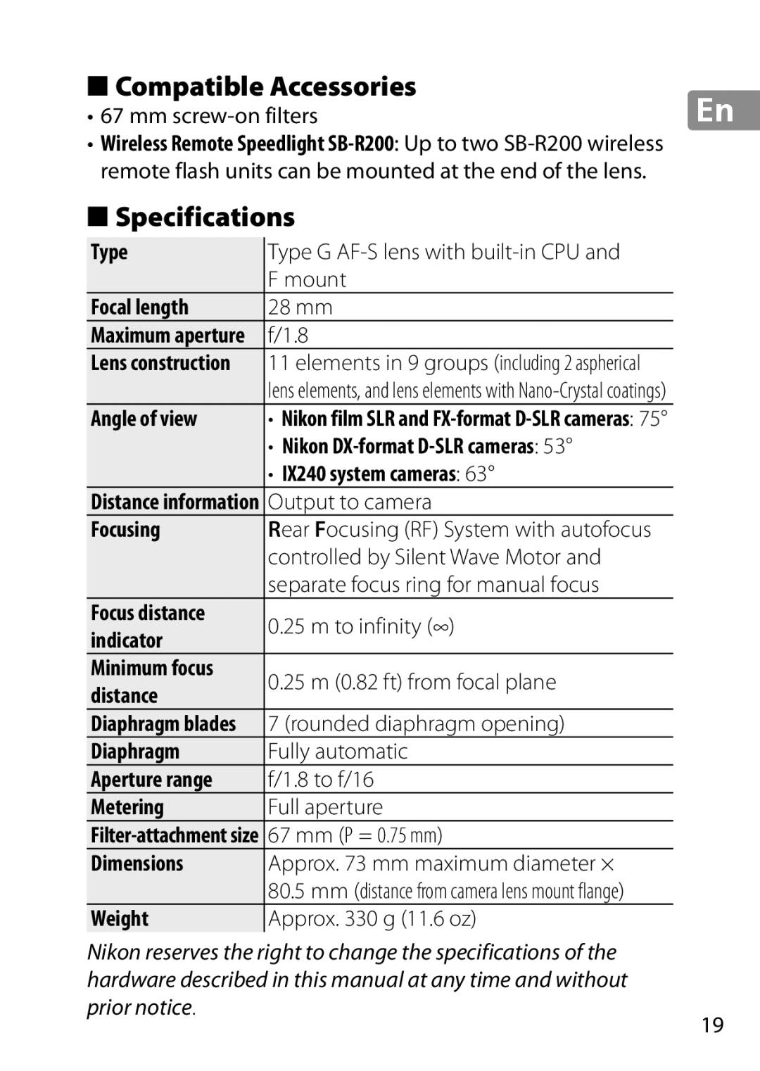 Nikon 2203, 28mmf18G, 28mm f/1.8G user manual Compatible Accessories, Specifications 