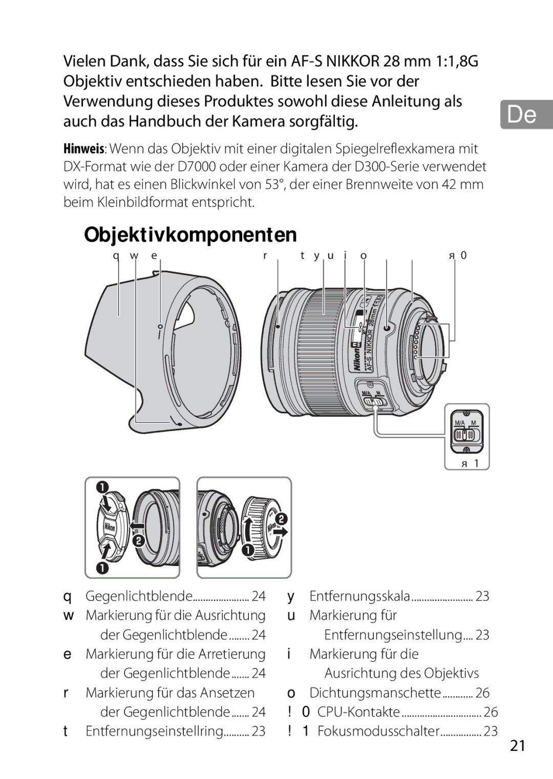 Nikon 28mmf18G, 2203, 28mm f/1.8G user manual Objektivkomponenten, Objektiv entschieden haben. Bitte lesen Sie vor der 