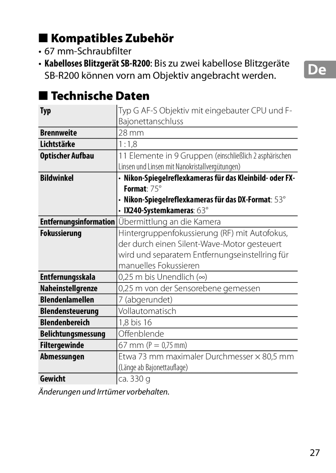 Nikon 28mmf18G Kompatibles Zubehör, Technische Daten, Mm-Schraubfilter, SB-R200 können vorn am Objektiv angebracht werden 