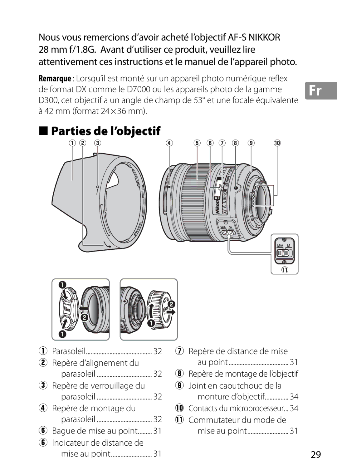 Nikon 28mm f/1.8G, 28mmf18G, 2203 user manual Parties de l’objectif 