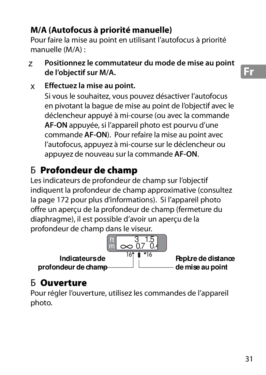 Nikon 2203, 28mmf18G, 28mm f/1.8G user manual Profondeur de champ, Ouverture, Autofocus à priorité manuelle 