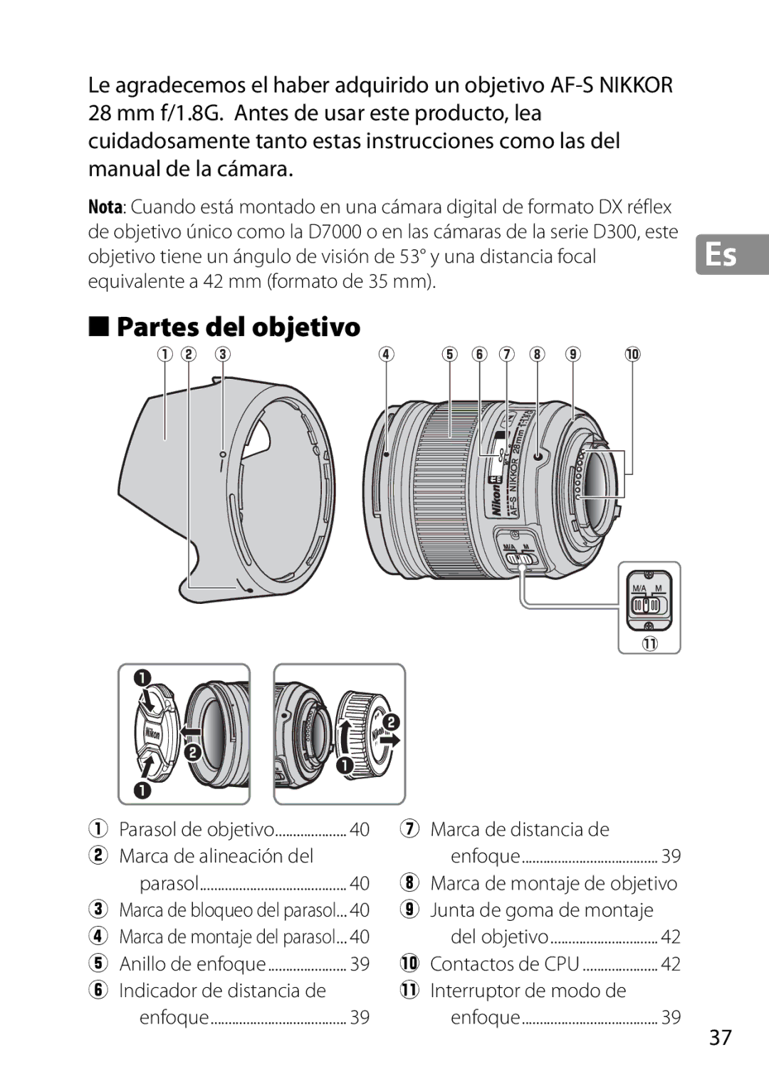 Nikon 2203, 28mmf18G Partes del objetivo, Marca de distancia de Marca de alineación del, Marca de montaje de objetivo 