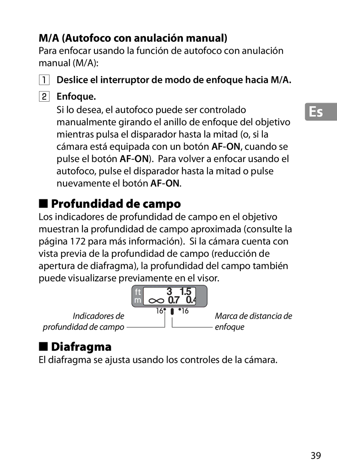 Nikon 28mmf18G, 2203, 28mm f/1.8G user manual Profundidad de campo, Diafragma, Autofoco con anulación manual 