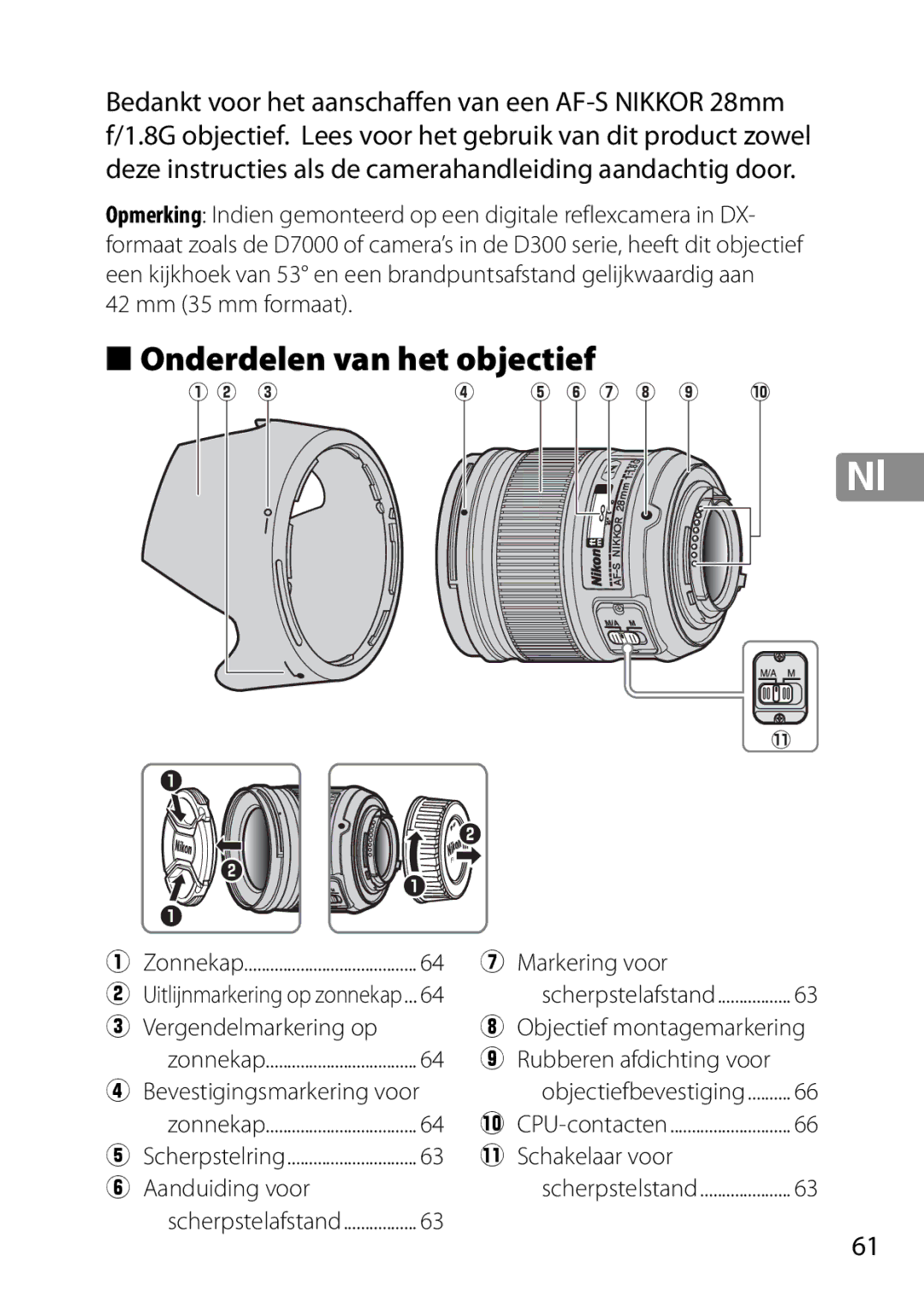 Nikon 2203, 28mmf18G, 28mm f/1.8G user manual Onderdelen van het objectief 