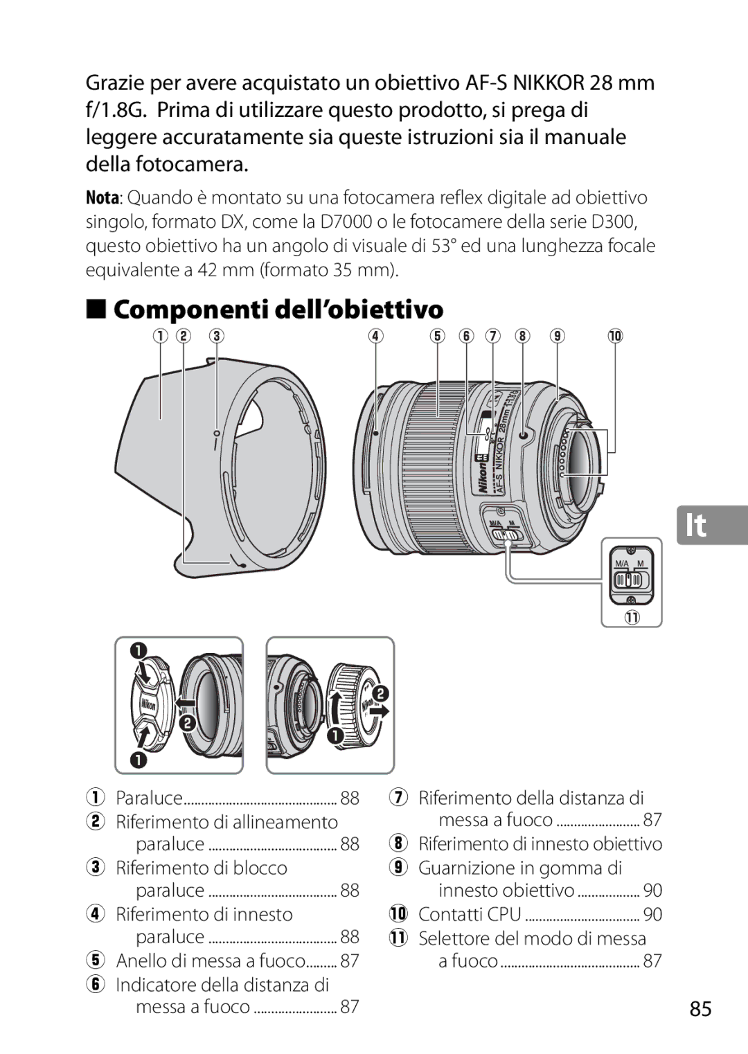 Nikon 2203, 28mmf18G, 28mm f/1.8G user manual Componenti dell’obiettivo 