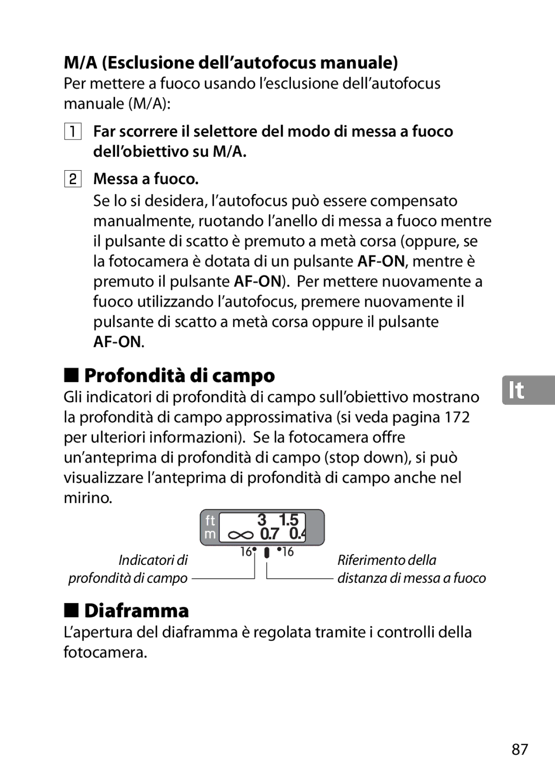 Nikon 28mmf18G, 2203, 28mm f/1.8G user manual Profondità di campo, Diaframma, Esclusione dell’autofocus manuale 