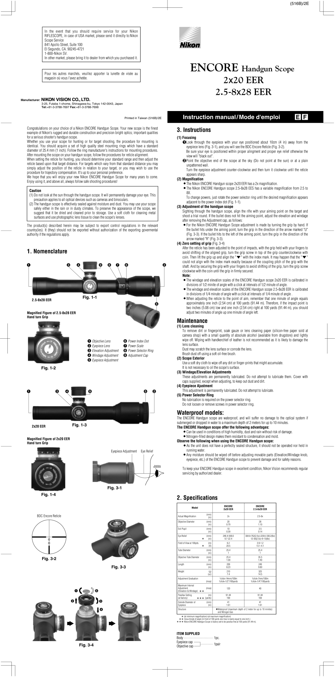 Nikon instruction manual 2x20 EER 2.5-8x28 EER, ENCORE Handgun Scope, Nomenclature, Instructions, Maintenance, 516B/2E 