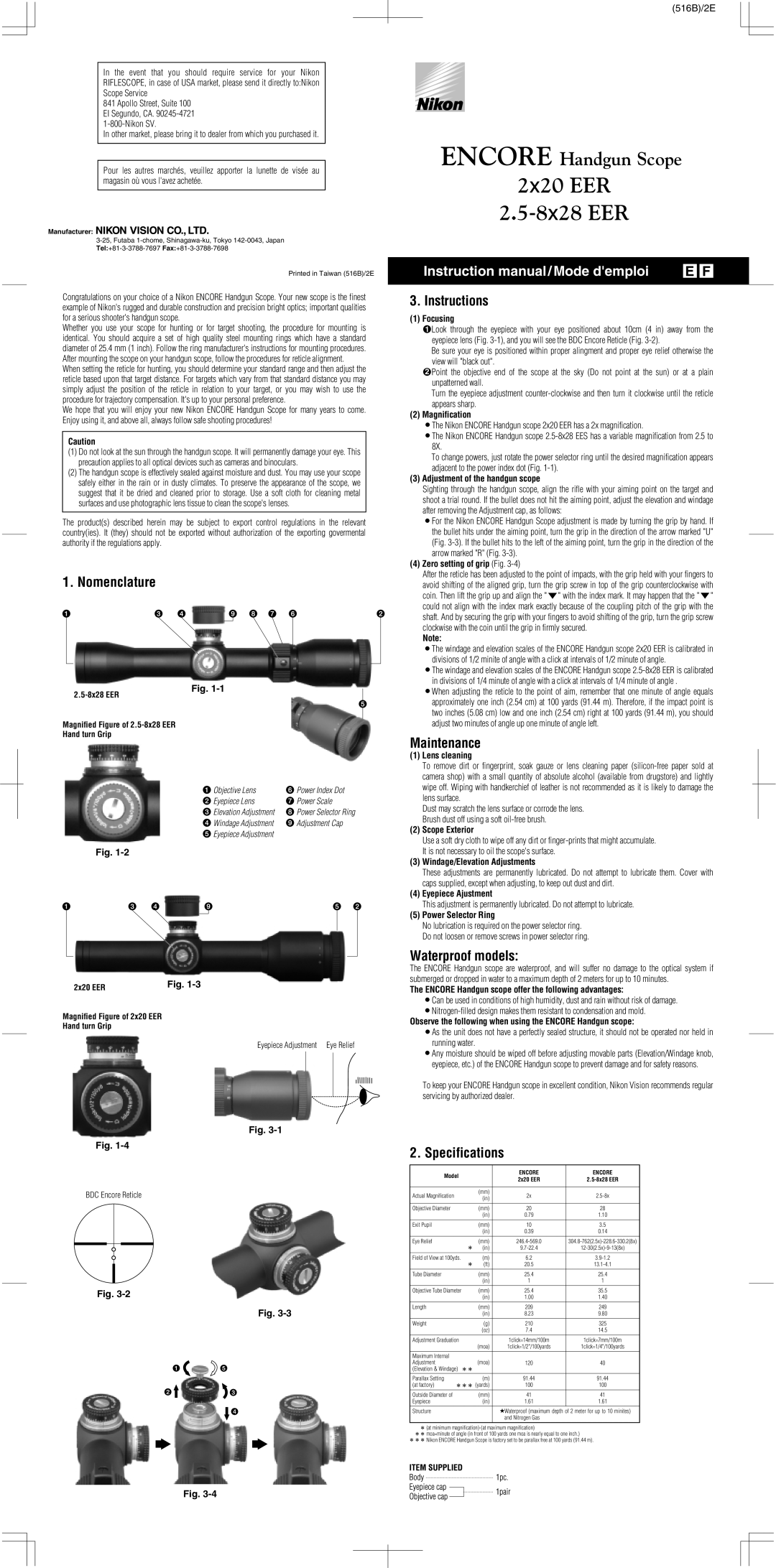 Nikon 2.5-8x28 EER, 2x20 EER instruction manual Nomenclature, Instructions, Maintenance, Waterproof models, Specifications 