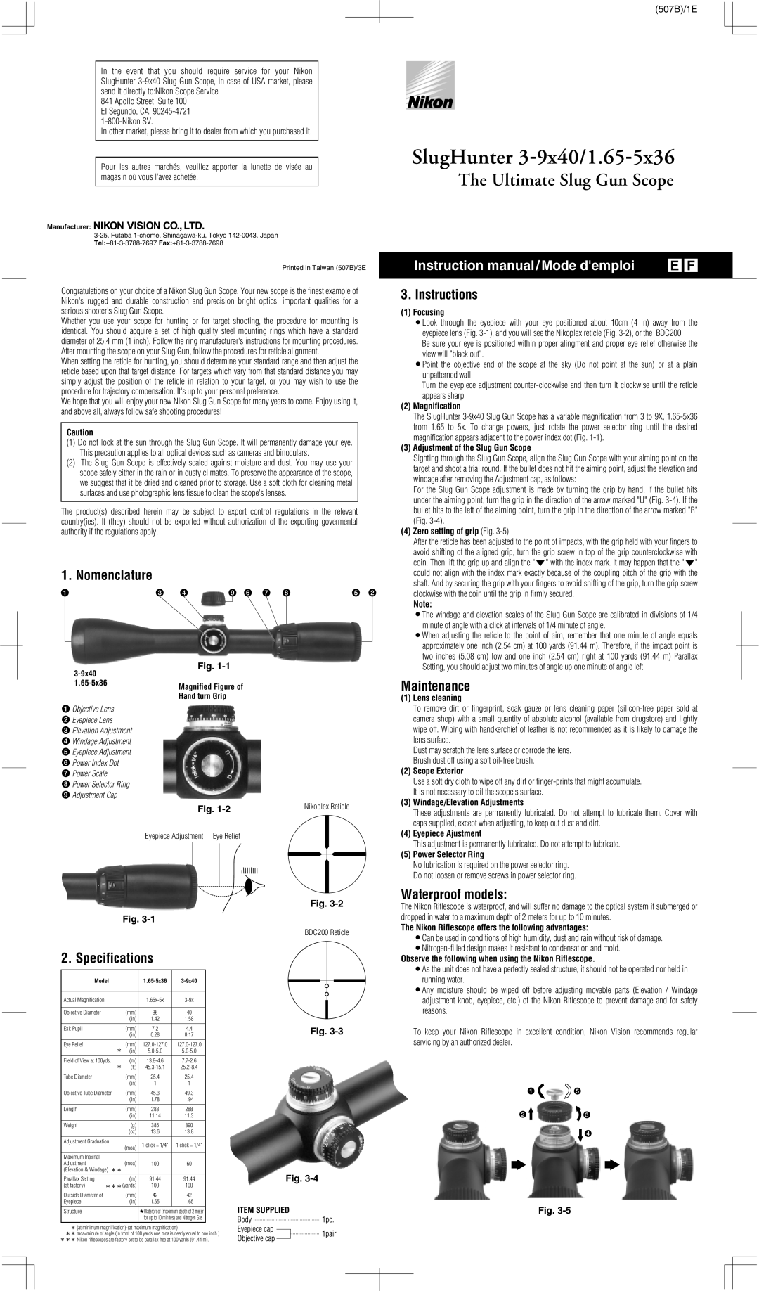 Nikon instruction manual SlugHunter 3-9x40/1.65-5x36, The Ultimate Slug Gun Scope, Nomenclature, Instructions, 507B/1E 