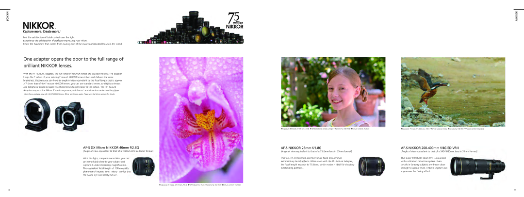 Nikon 30-110MMWHT brochure AF-S DX Micro Nikkor 40mm f/2.8G, AF-S Nikkor 28mm f/1.8G, AF-S Nikkor 200-400mm f/4G ED VR 