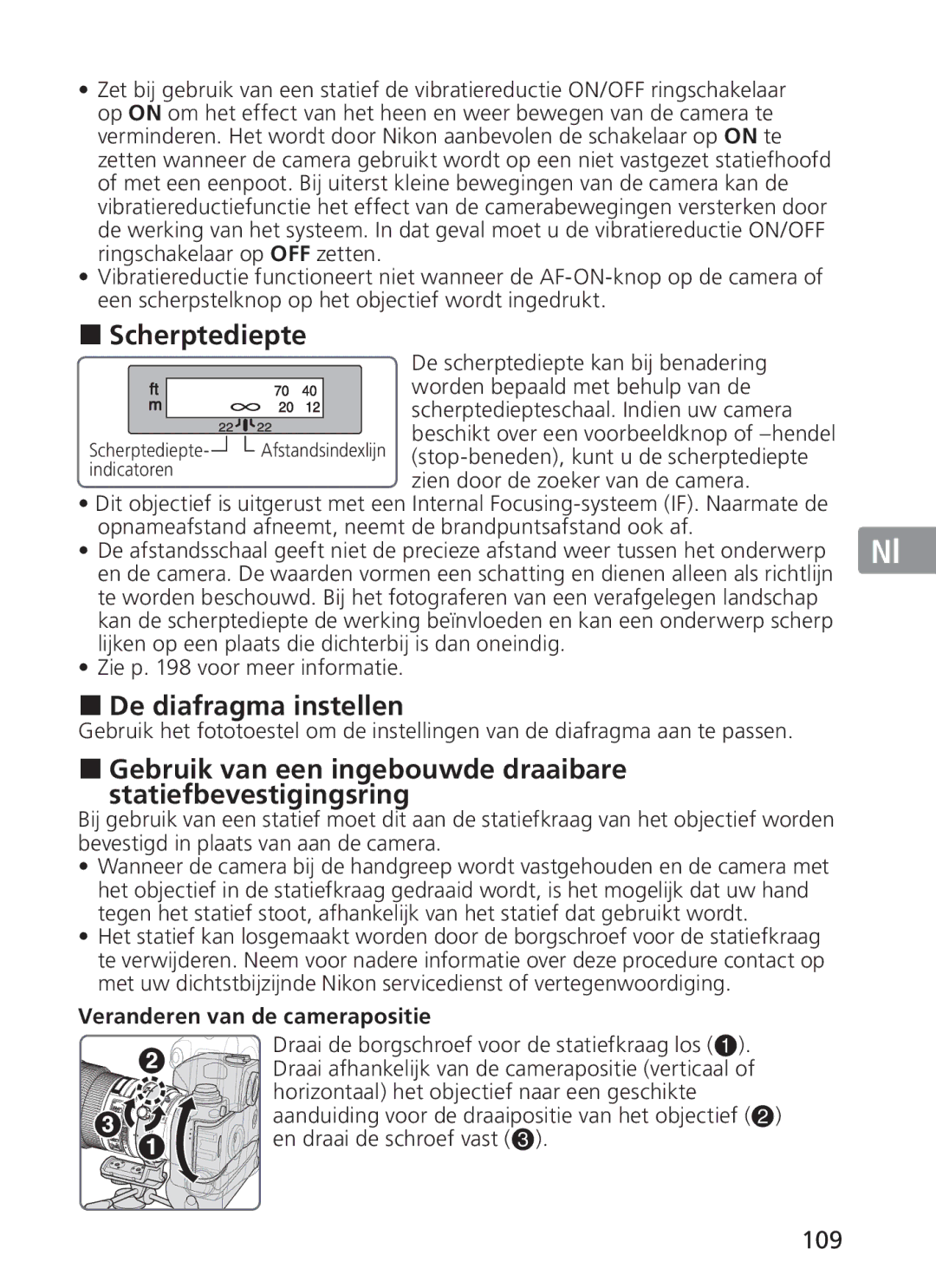 Nikon 2186 manual Scherptediepte, De diafragma instellen, 109, Zie p voor meer informatie, Veranderen van de camerapositie 