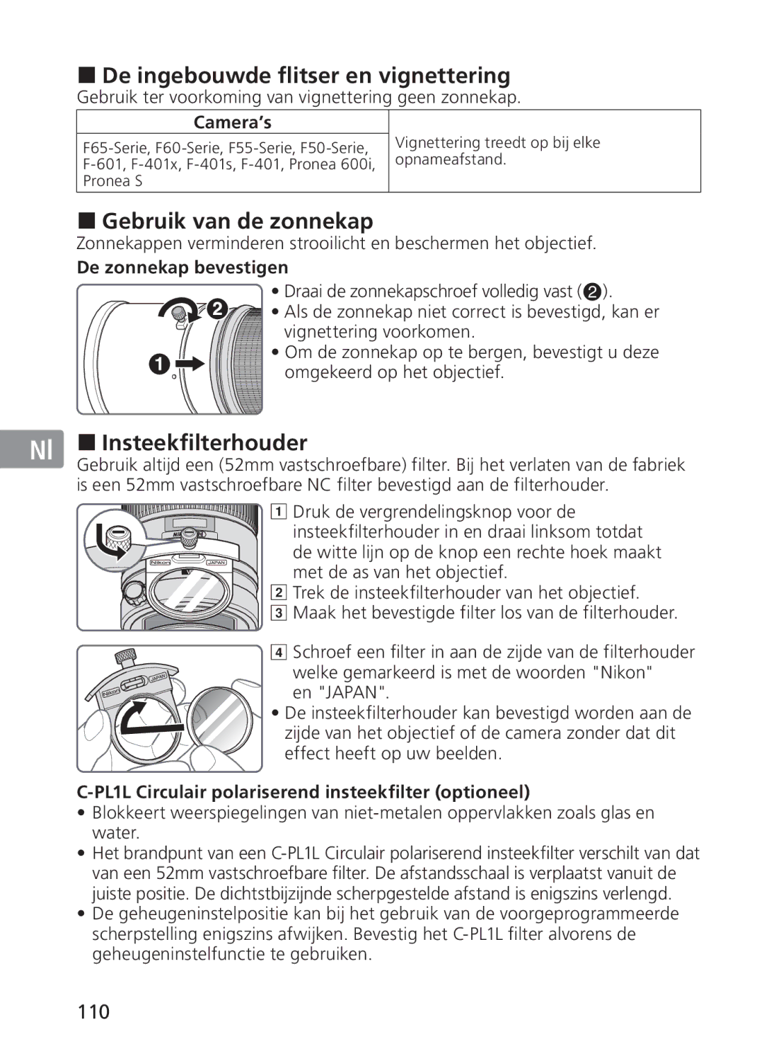 Nikon 300mm f/2.8G ED VR II, 2186 De ingebouwde flitser en vignettering, Gebruik van de zonnekap, Insteekfilterhouder, 110 