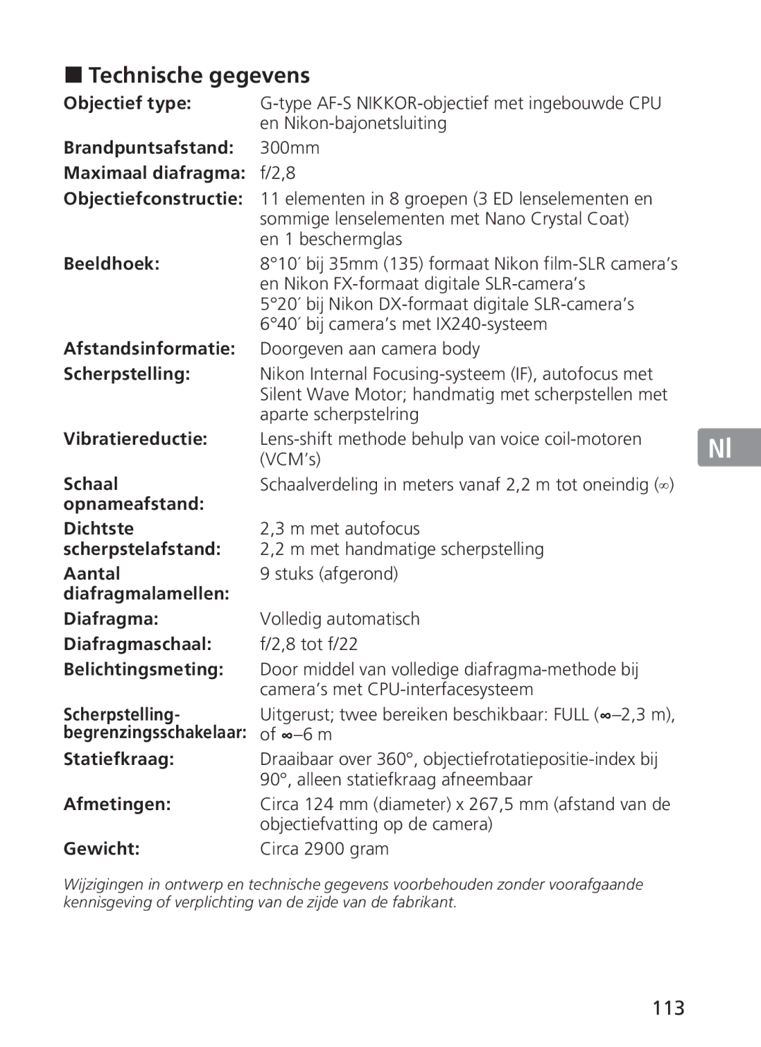 Nikon 2186, 300mm f/2.8G ED VR II manual Technische gegevens, 113 