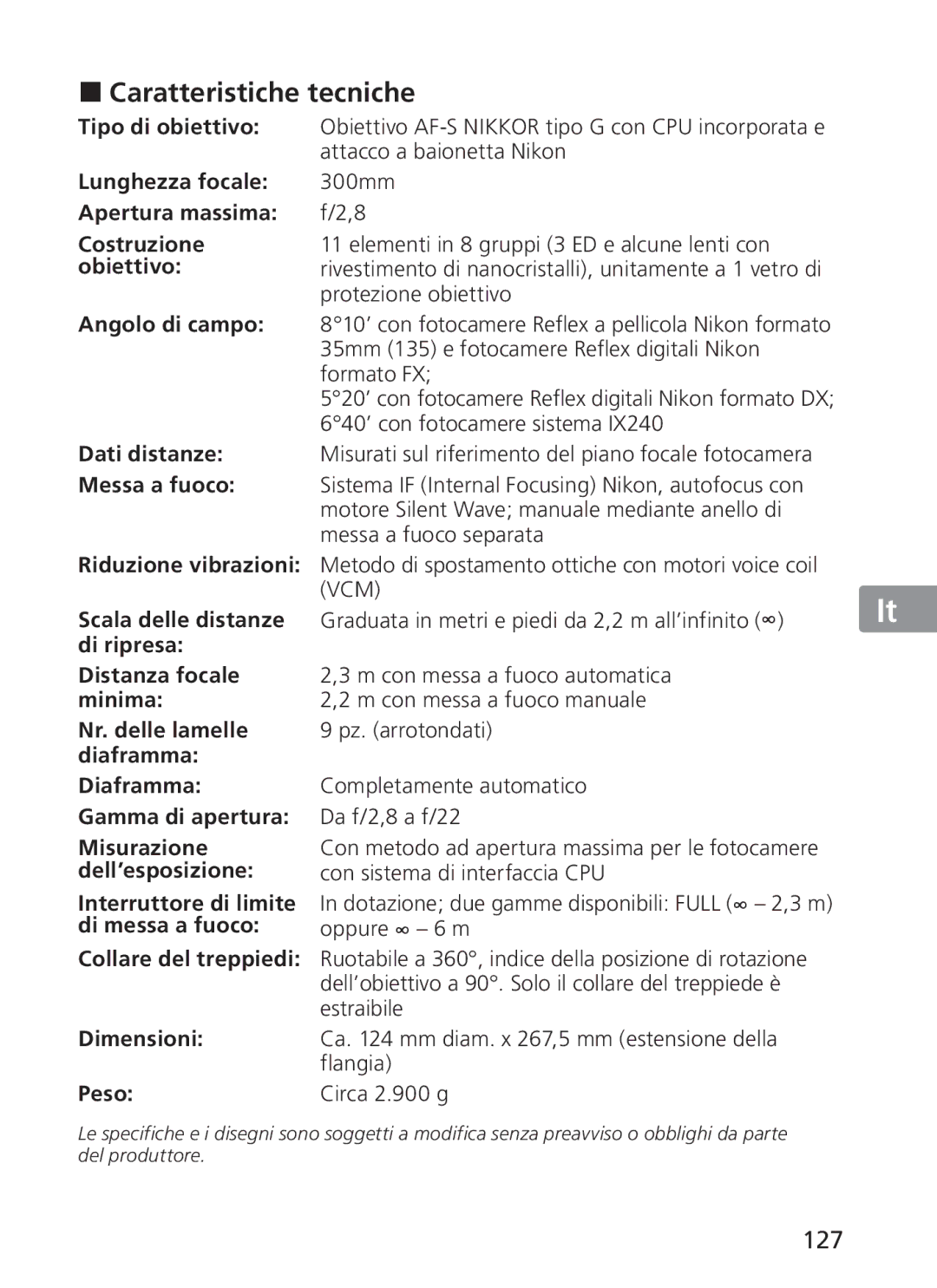 Nikon 2186, 300mm f/2.8G ED VR II manual Caratteristiche tecniche, 127 