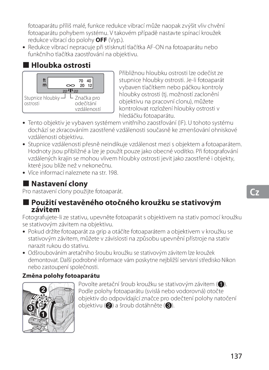 Nikon 2186 manual Hloubka ostrosti, Nastavení clony, Použití vestavěného otočného kroužku se stativovým závitem, 137 